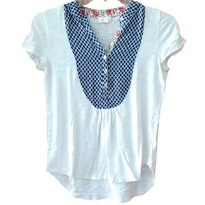 Meadow Rue Anthropologie White Short Sleeve Tee with Navy Patterned Bib  Size XS